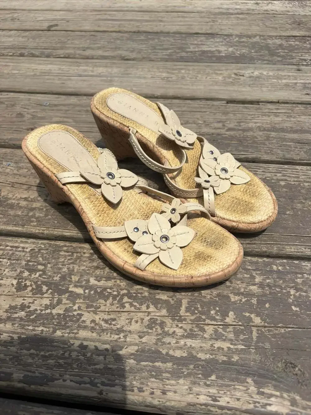 Gianni Bini Women's Floral Leather Cork Wedge Sandals